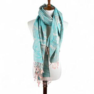 Mystery Blend Scarf Possibly Made by Cloud Kittens Soft Aqua Floral Fringe